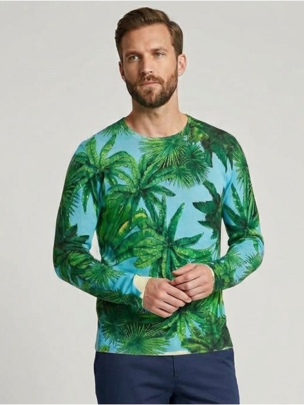 Versace for H&M 2011 Blue Tropical Palm Print Crewneck Sweater Size Large